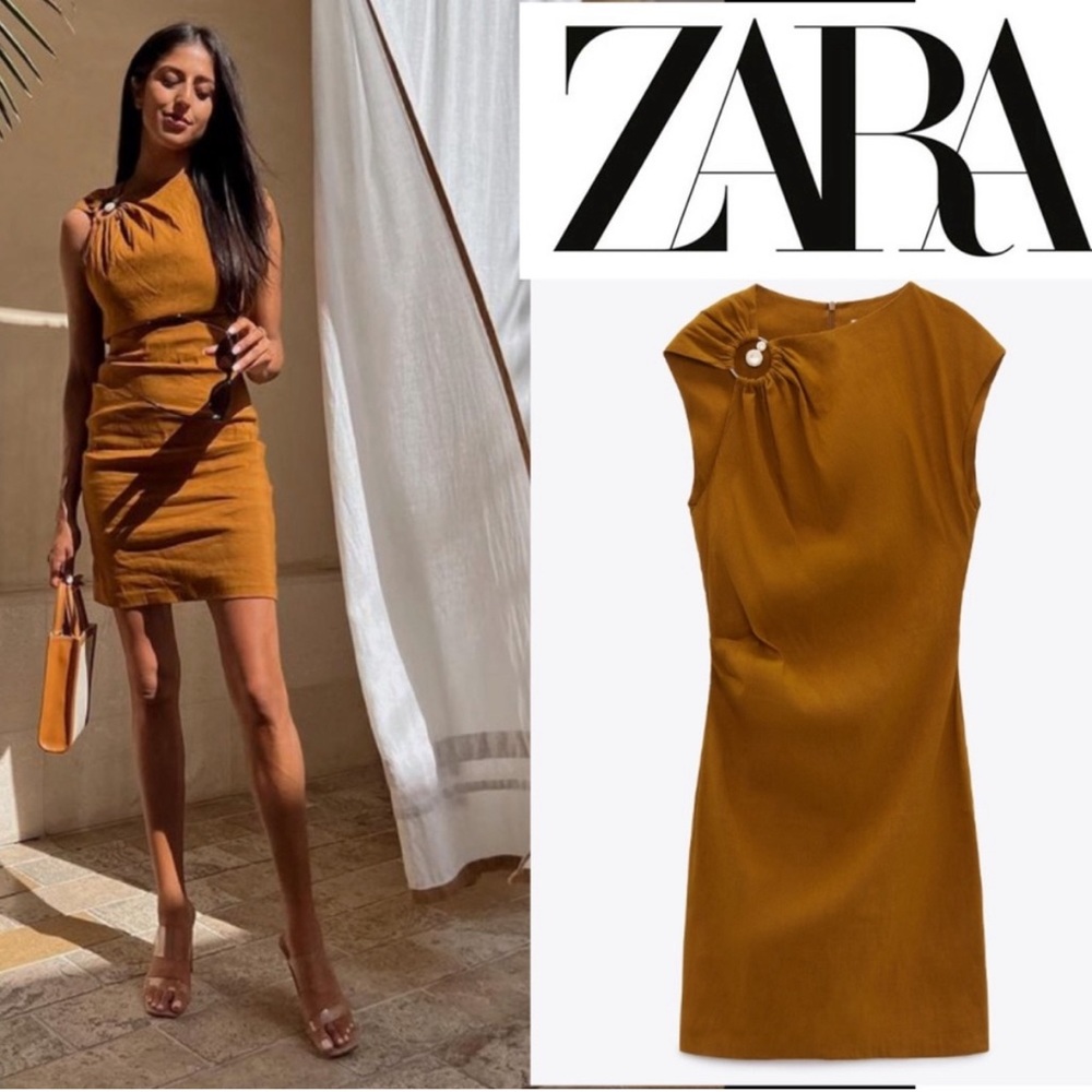 Zara ELASTICIZED LINEN DRESS Size Medium